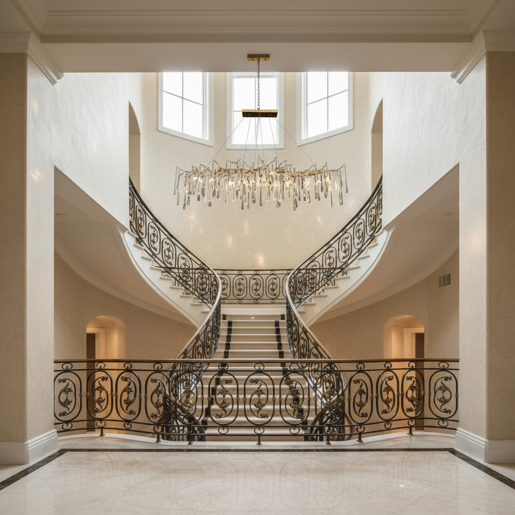 Riviko Veridian Bloom Branch Chandelier - dramatic American stairwell with soaring ceiling