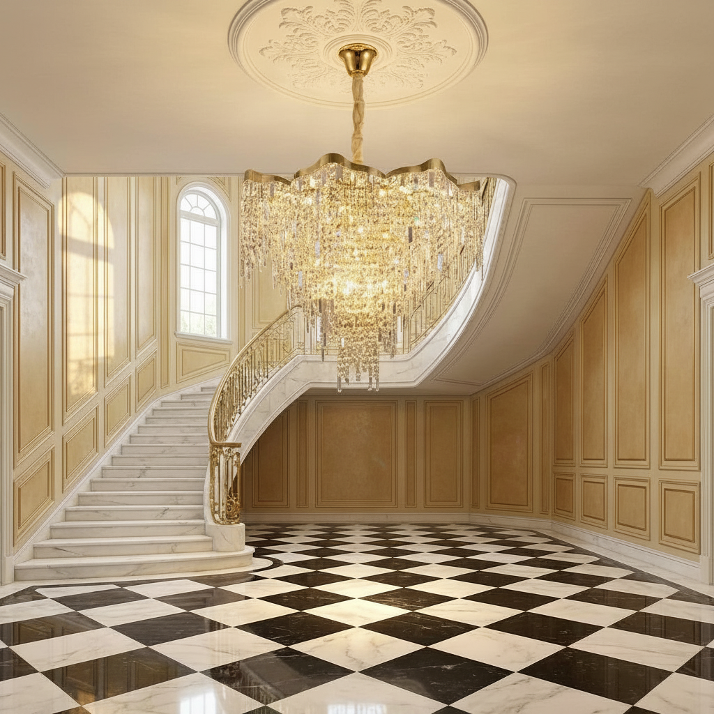 Riviko Radiant Aura Round Crystal Chandelier - dramatic American stairwell with soaring ceiling