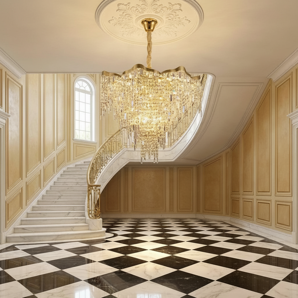 Riviko Radiant Aura Round Crystal Chandelier - grand American estate foyer