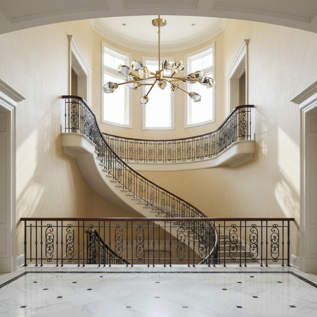 Riviko Aura Grandeur 9-Light Crystal Chandelier - dramatic American stairwell with soaring ceiling