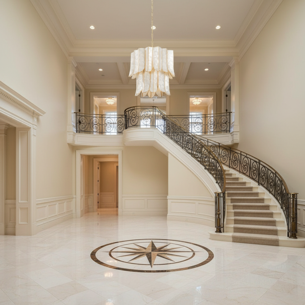 Riviko Coastal Radiance Capiz Chandelier - grand American foyer with two-story ceiling