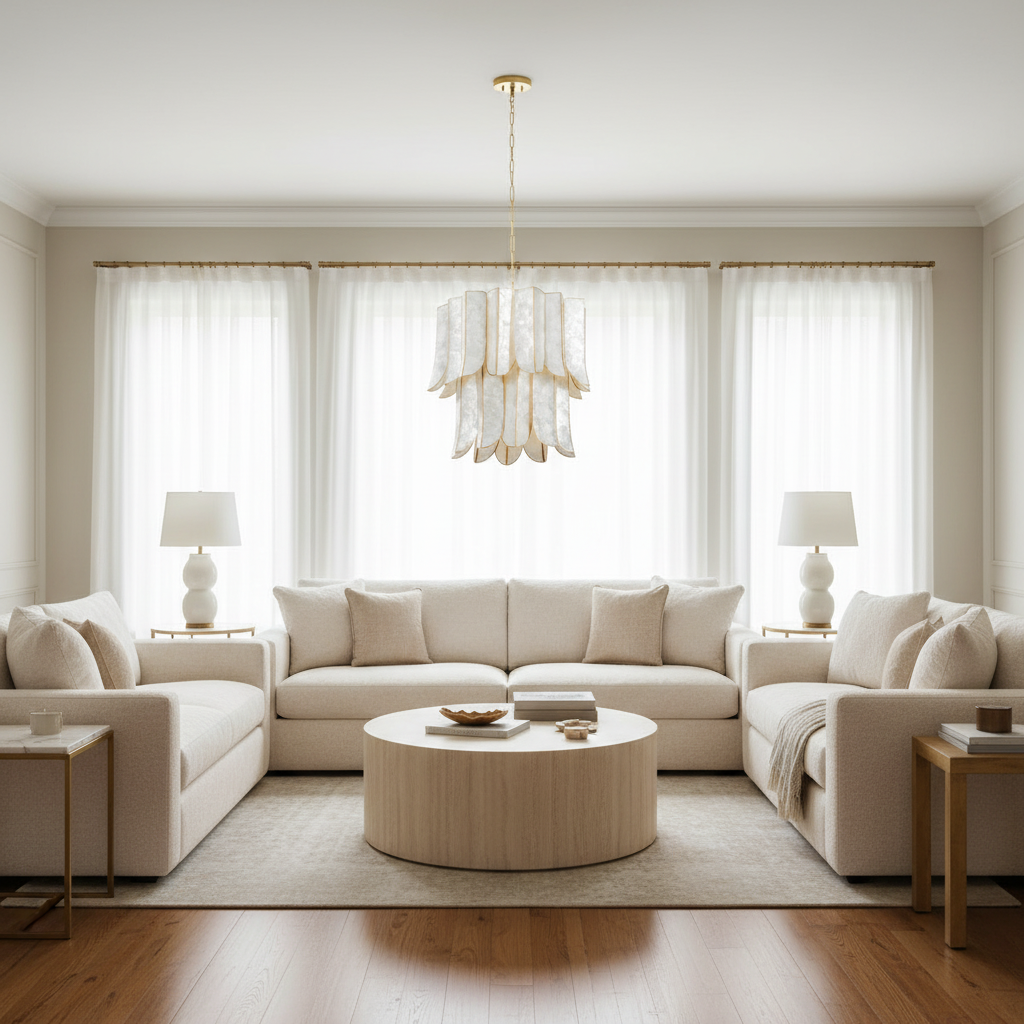 Riviko Coastal Radiance Capiz Chandelier - sophisticated American living room