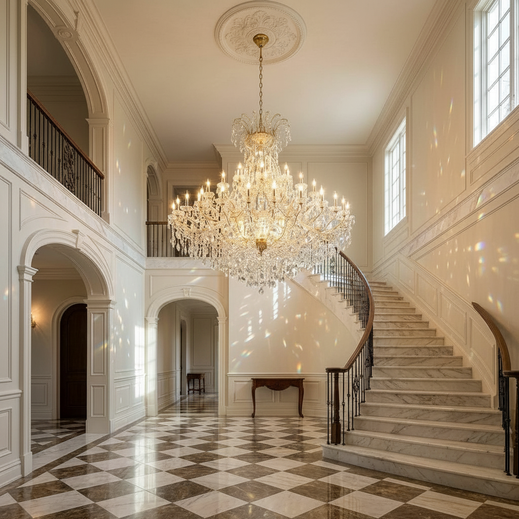Riviko Regal Radiance Multi-Layered Candle Chandelier - dramatic American stairwell with soaring ceiling