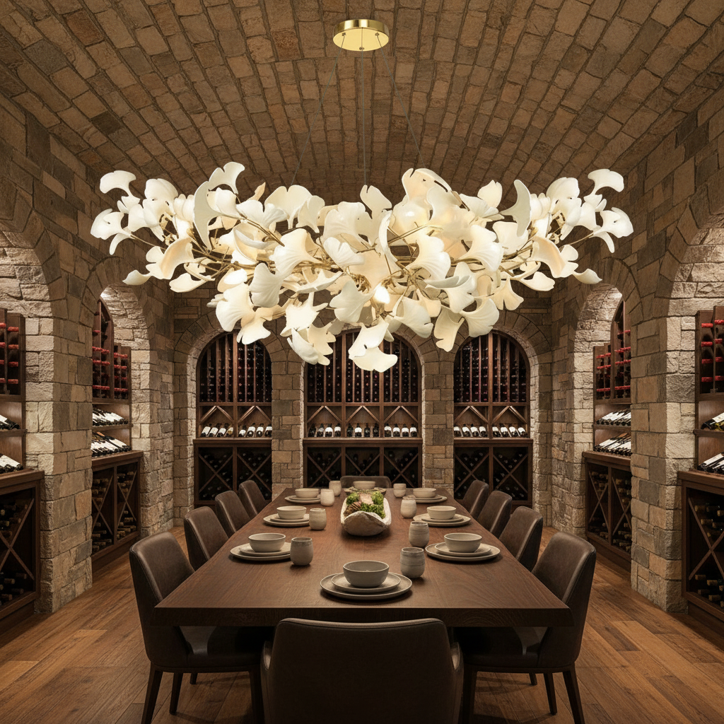 Riviko Ginkgo Bloom Linear Chandelier - elegant American wine cellar dining room