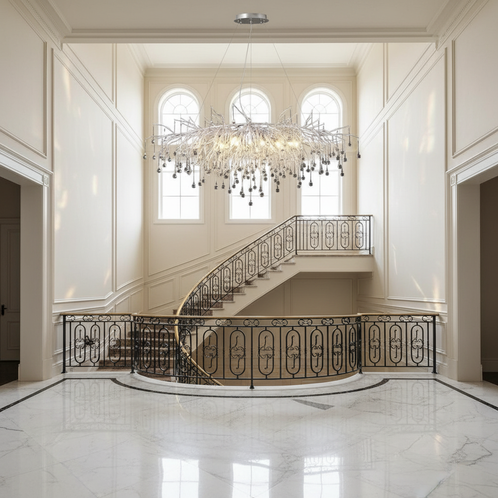 Riviko Arboreal Bloom Rectangle Branch Chandelier - dramatic American stairwell with soaring ceiling