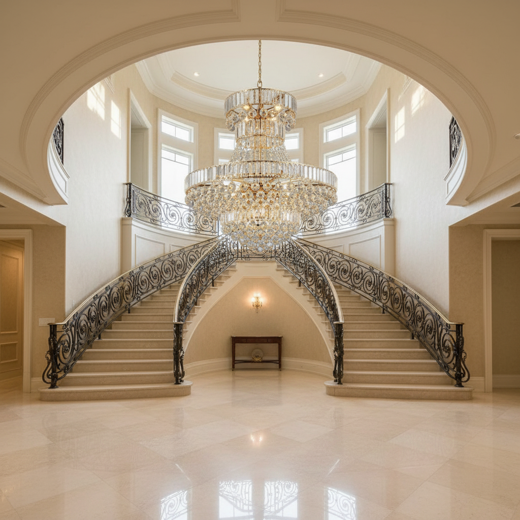 Riviko Regal Radiance Empire Grand Chandelier - dramatic American stairwell with soaring ceiling