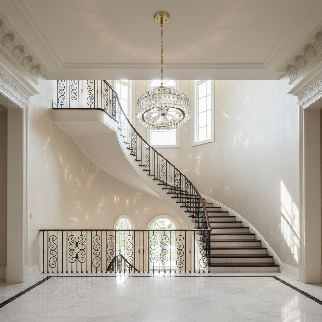 Riviko Celestial Whisper Crystal Fan Chandelier - dramatic American stairwell with soaring ceiling