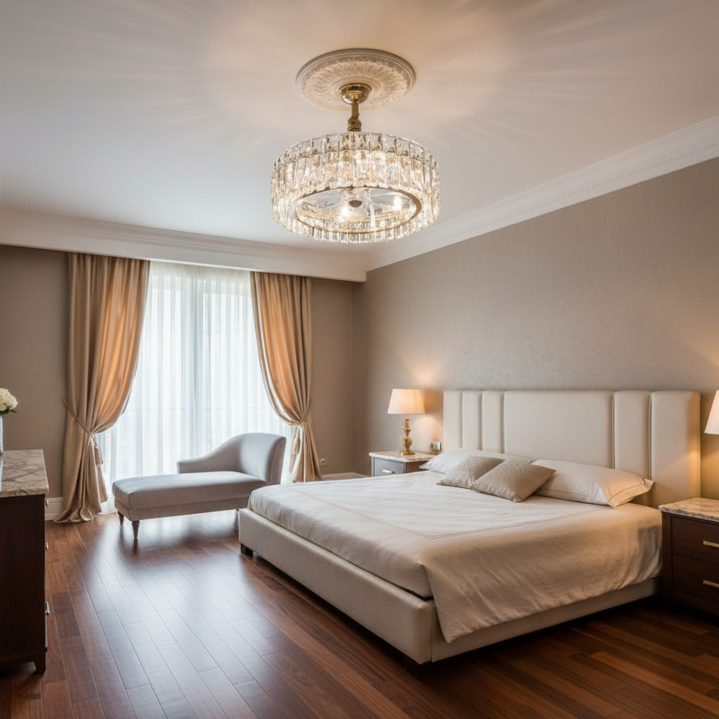 Riviko Celestial Whisper Crystal Fan Chandelier - luxurious American master suite