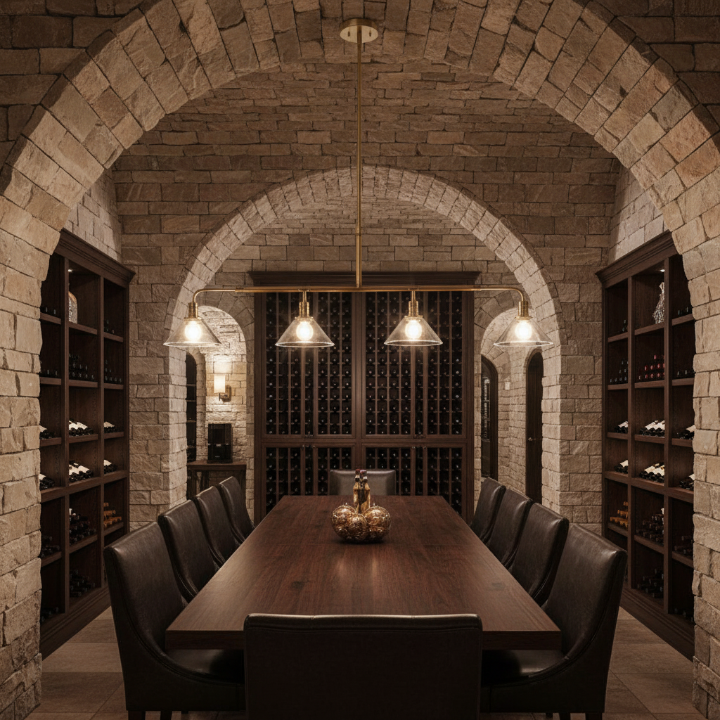 Riviko Veridian Linear Chandelier - elegant American wine cellar dining room