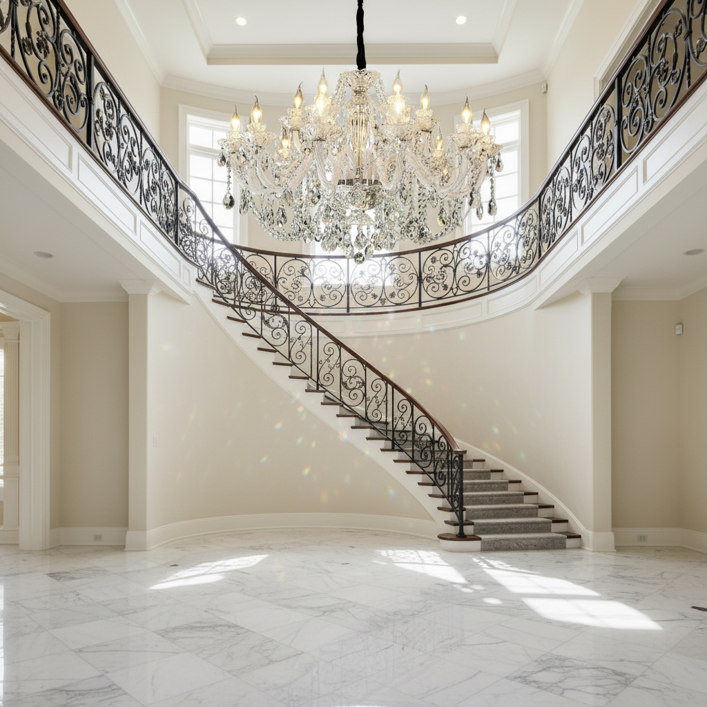 Riviko Opulent Radiance Crystal Chandelier - dramatic American stairwell with soaring ceiling
