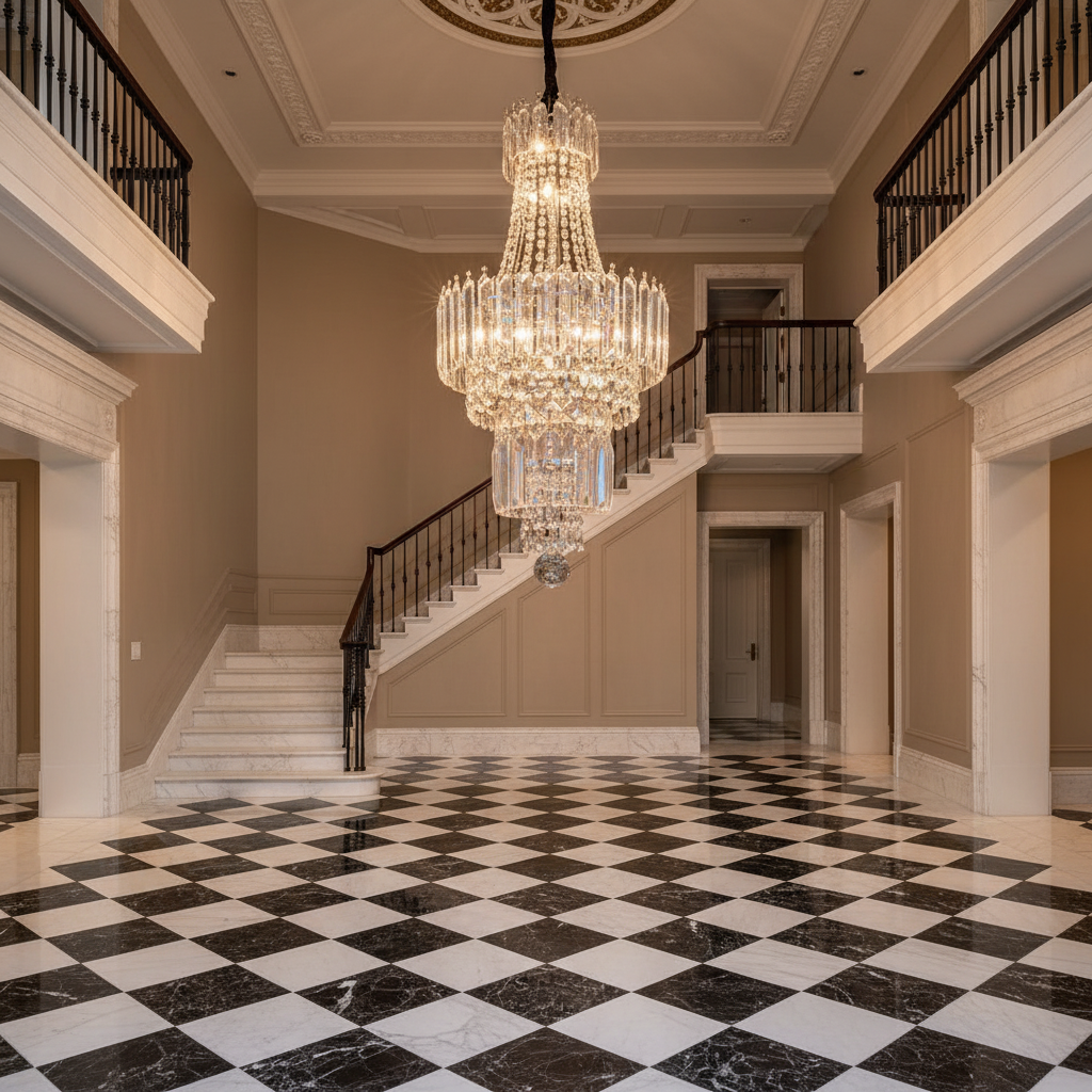Riviko Grand Lumina Round Extra Large Crystal Chandelier in Silver - grand American estate foyer