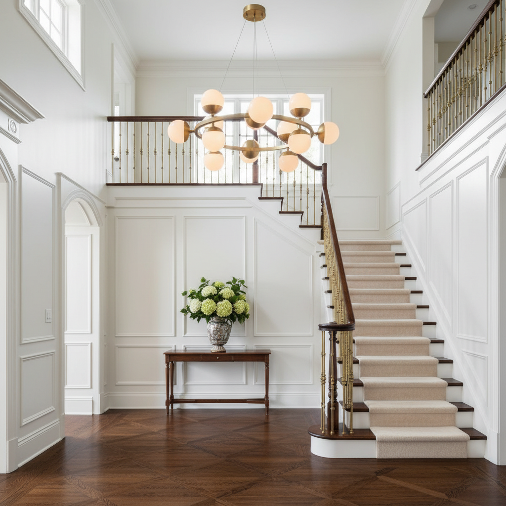 Riviko Stellar Bloom Globe Chandelier - elegant American entryway with arched doorway