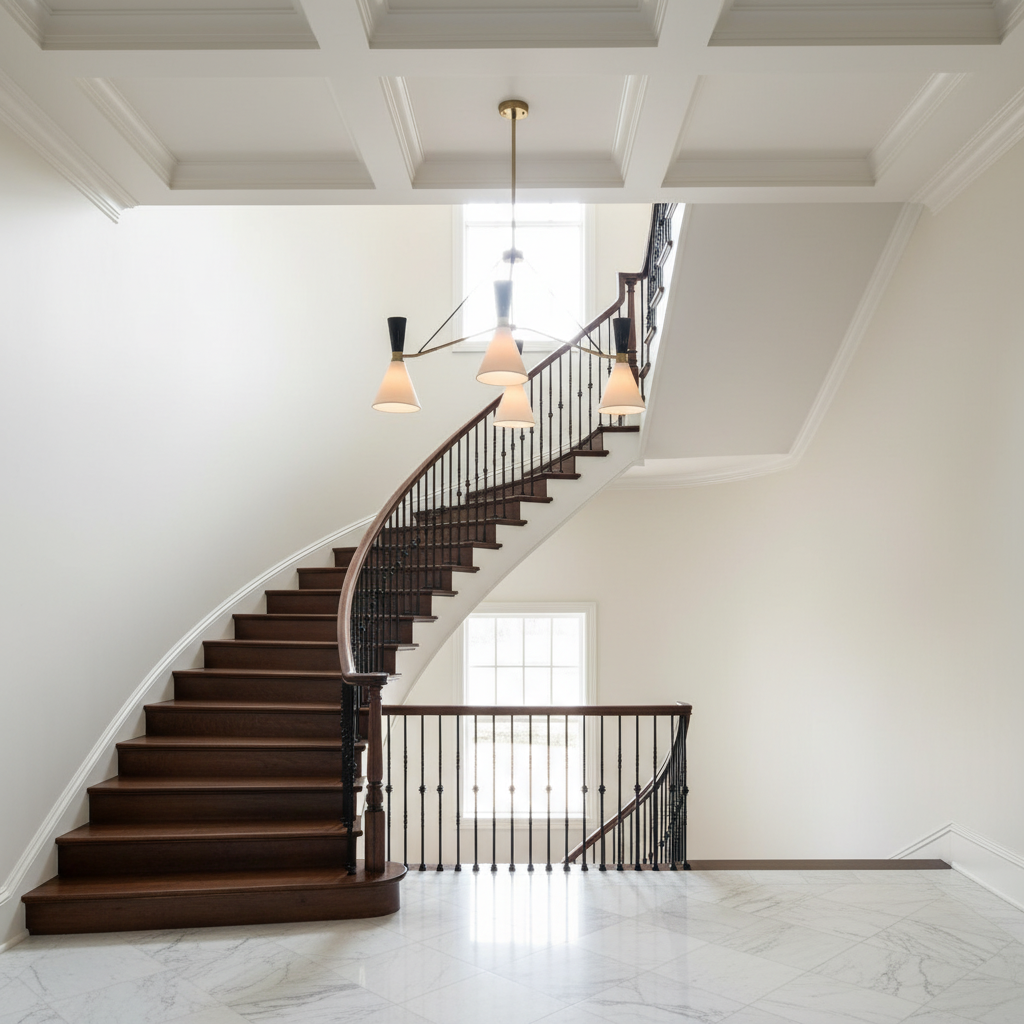 Riviko Rue de Lumière 3-Light Round Chandelier - dramatic American stairwell with soaring ceiling