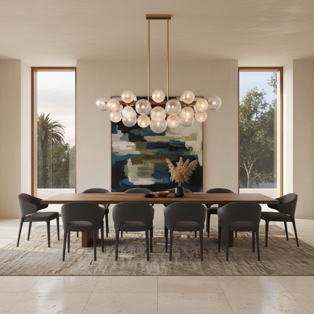 Riviko Radiant Orb Linear Chandelier - American great room dining area