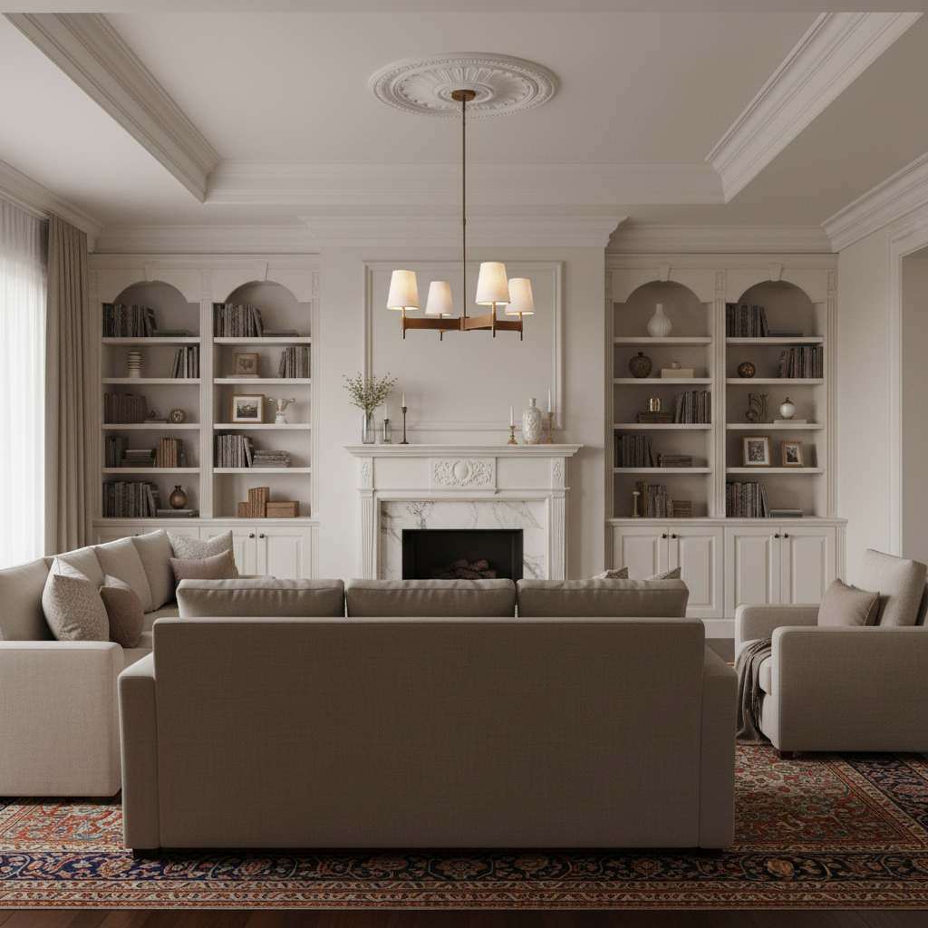 Riviko Artisan Cross 4-Light Chandelier - luxurious American living room with tray ceiling