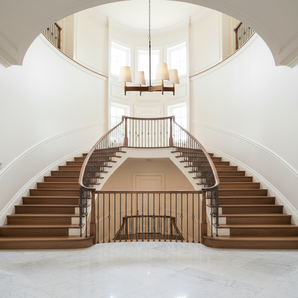 Riviko Artisan Cross 4-Light Chandelier - dramatic American stairwell with soaring ceiling