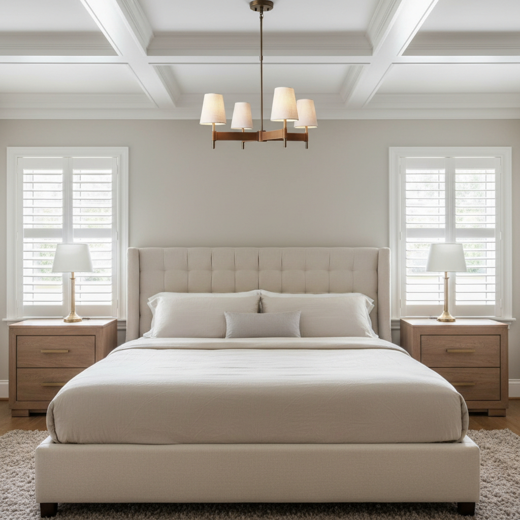 Riviko Artisan Cross 4-Light Chandelier - American master bedroom with coffered ceiling