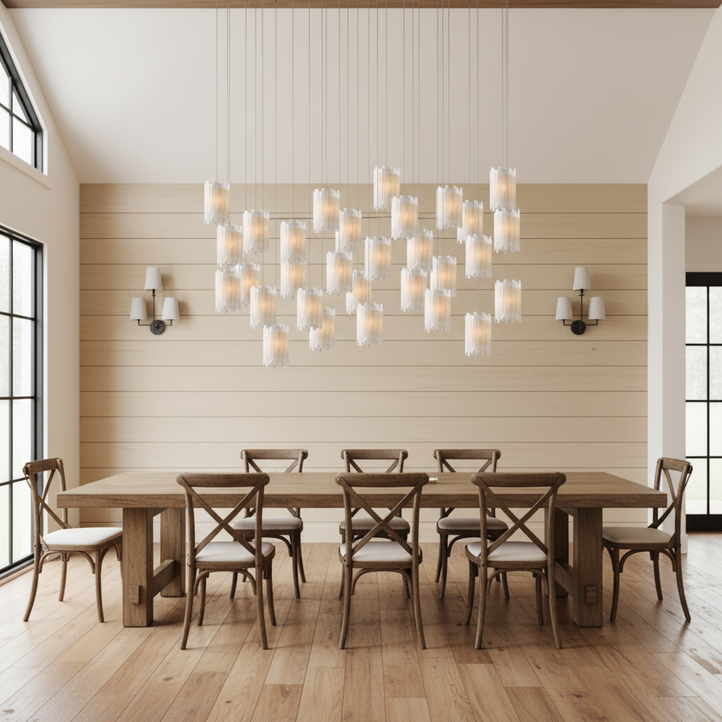 Riviko Starlight Selenite Rectangular Chandelier - modern American farmhouse dining room