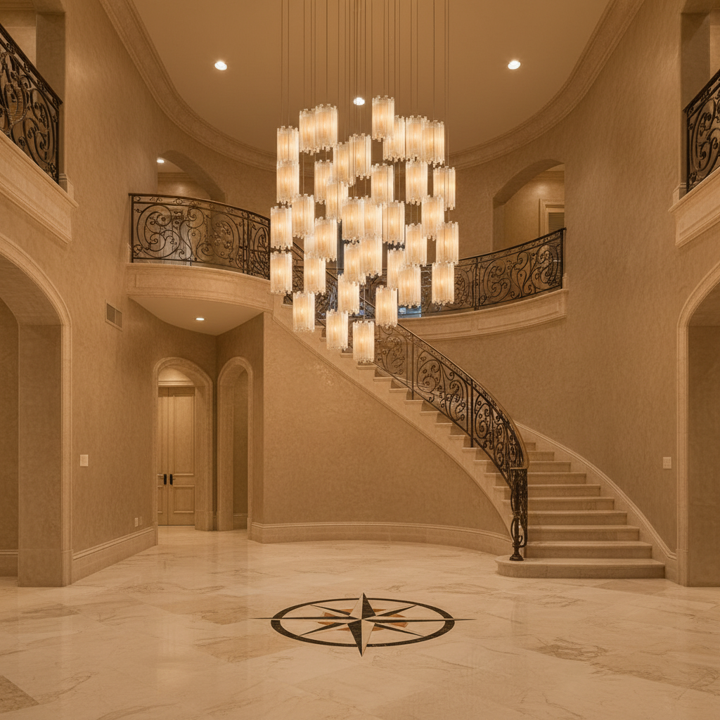 Riviko Celestial Cascade Round Chandelier - grand American foyer with two-story ceiling
