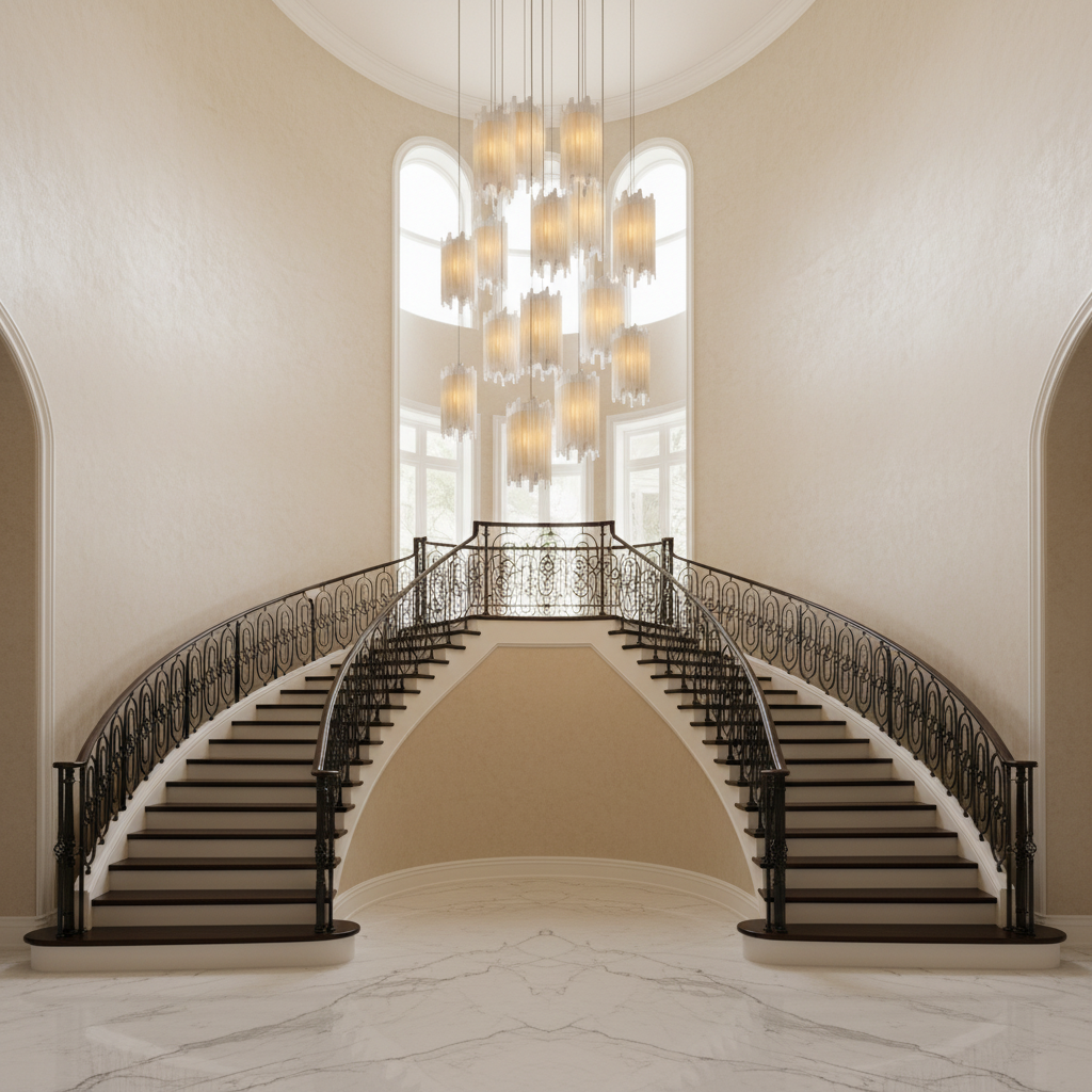 Riviko Celestial Cascade Round Chandelier - dramatic American stairwell with soaring ceiling
