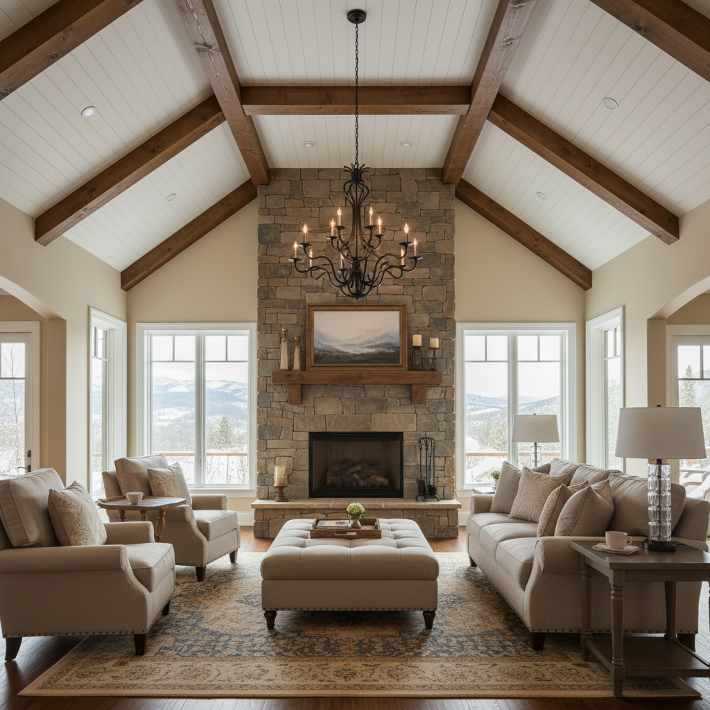 Riviko Regal Grandeur 12-Light Chandelier - American transitional great room with cathedral ceiling