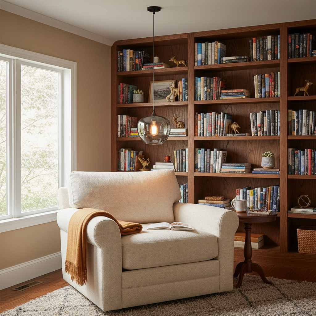Riviko Veridian Haze Glass Pendant - cozy American reading nook by a window