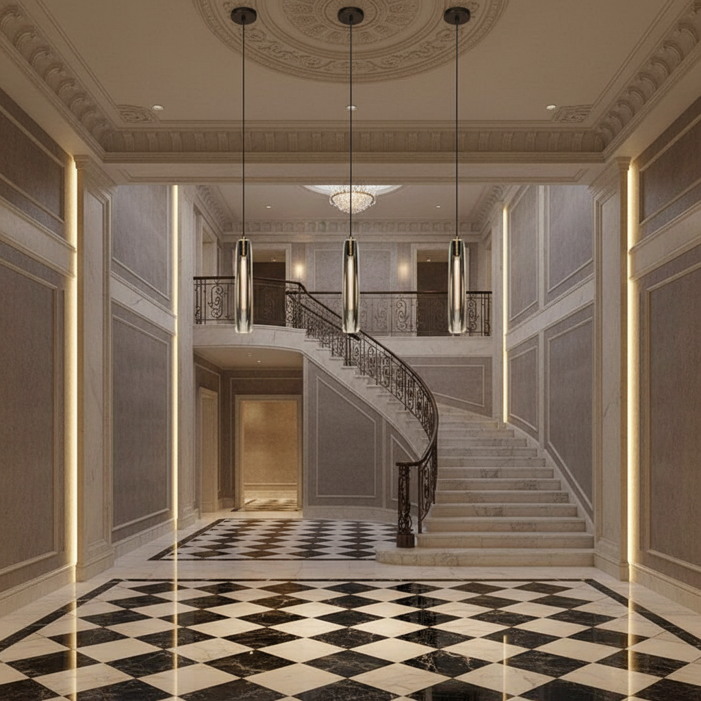Riviko Audrey Solitaire Crystal Pendant - grand American estate foyer