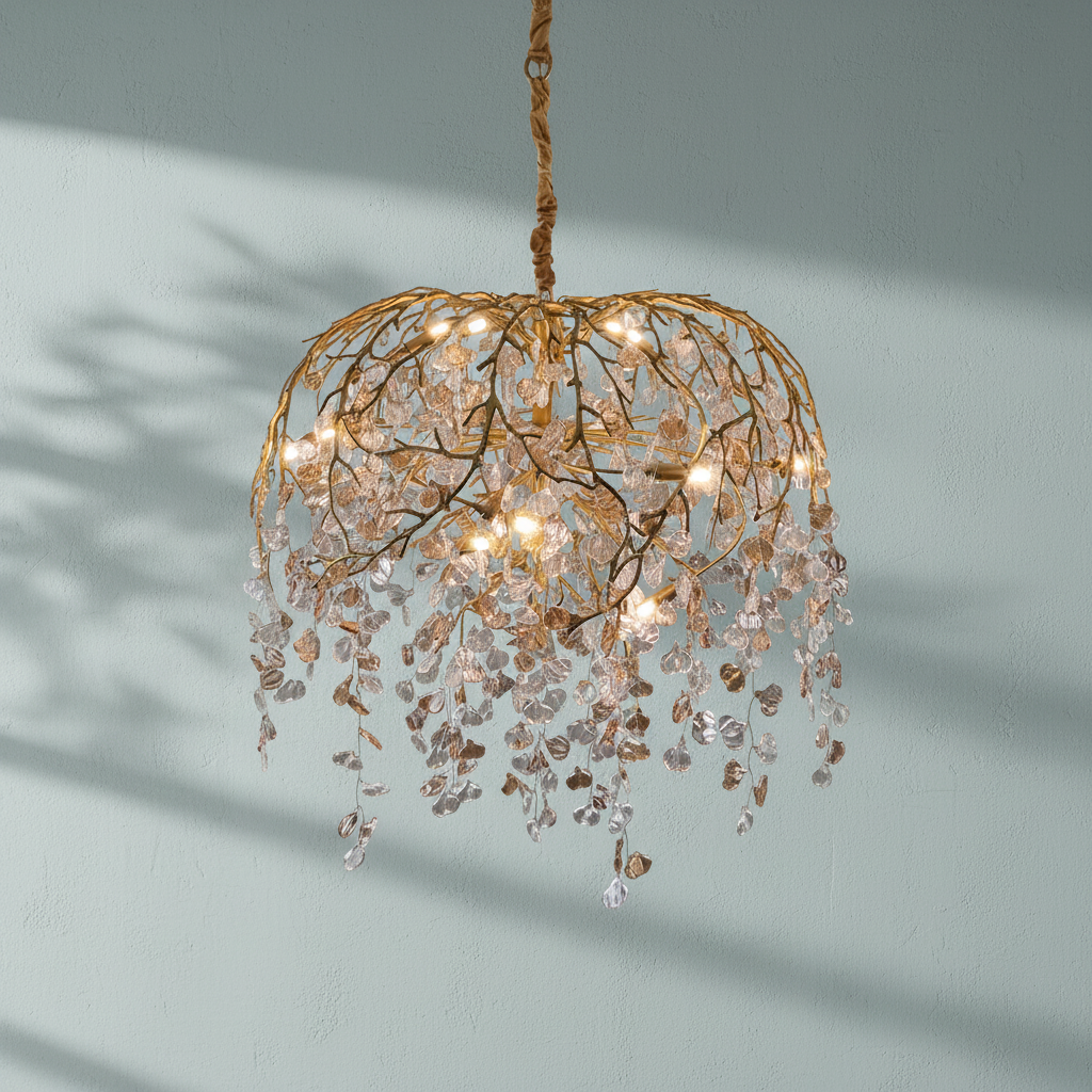 Riviko Modern Luxury Leaf Branch Crystal Chandelier Art Copper for Living/Dining Room/Bedroom - Studio Shot