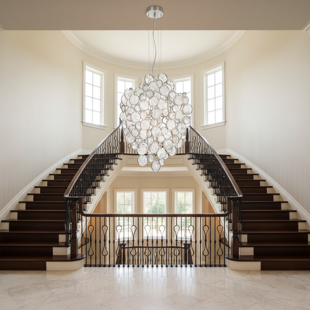 Riviko Celeste Cluster Glass Pendant - dramatic American stairwell with soaring ceiling