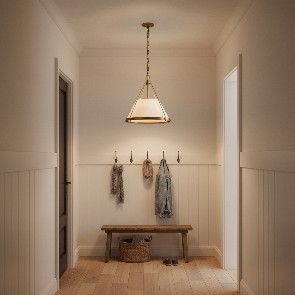 Riviko Artisan Brass & Linen Pendant - small American hallway or mudroom entry