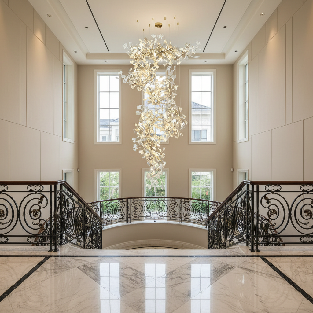 Riviko Ginkgo Bloom Round Chandelier - dramatic American stairwell with soaring ceiling