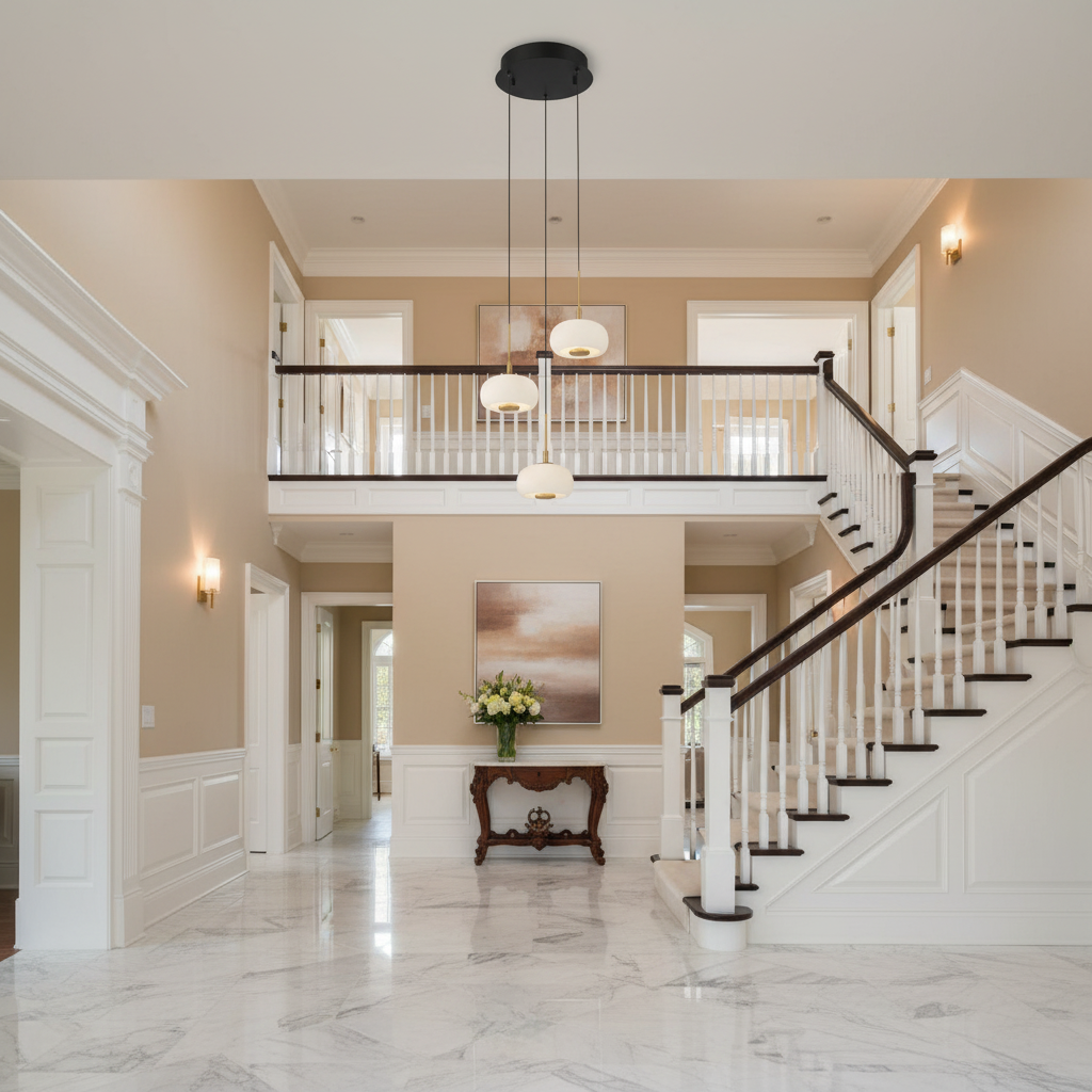 Riviko AuraSphere 3-Light Round LED Pendant - elegant American entryway with 10-foot ceiling