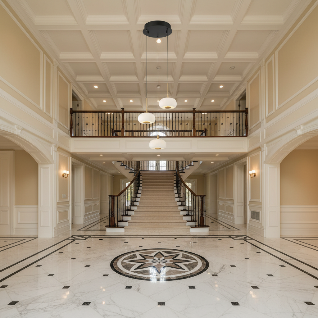 Riviko AuraSphere 3-Light Round LED Pendant - grand American foyer with double-height ceiling