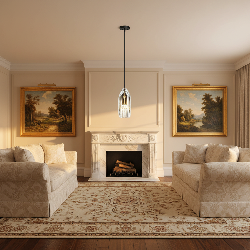 Riviko Radiant Solitaire Brass Pendant Light - American formal living room with 12-foot ceilings