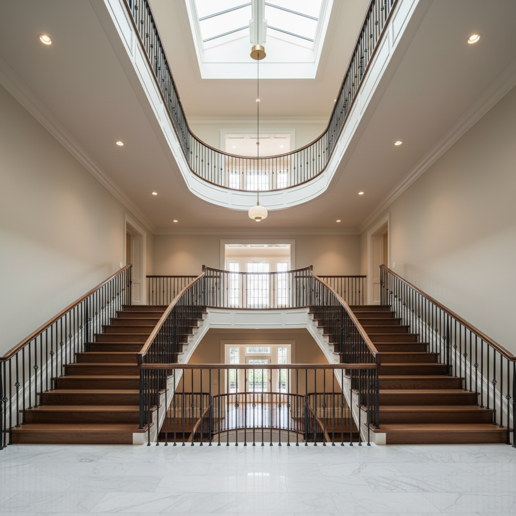 Riviko Ethereal Glow Round LED Pendant - dramatic American stairwell with three-story void