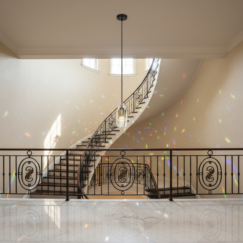 Riviko Chapt Crystal Shade Pendant Light - dramatic American stairwell with soaring ceiling