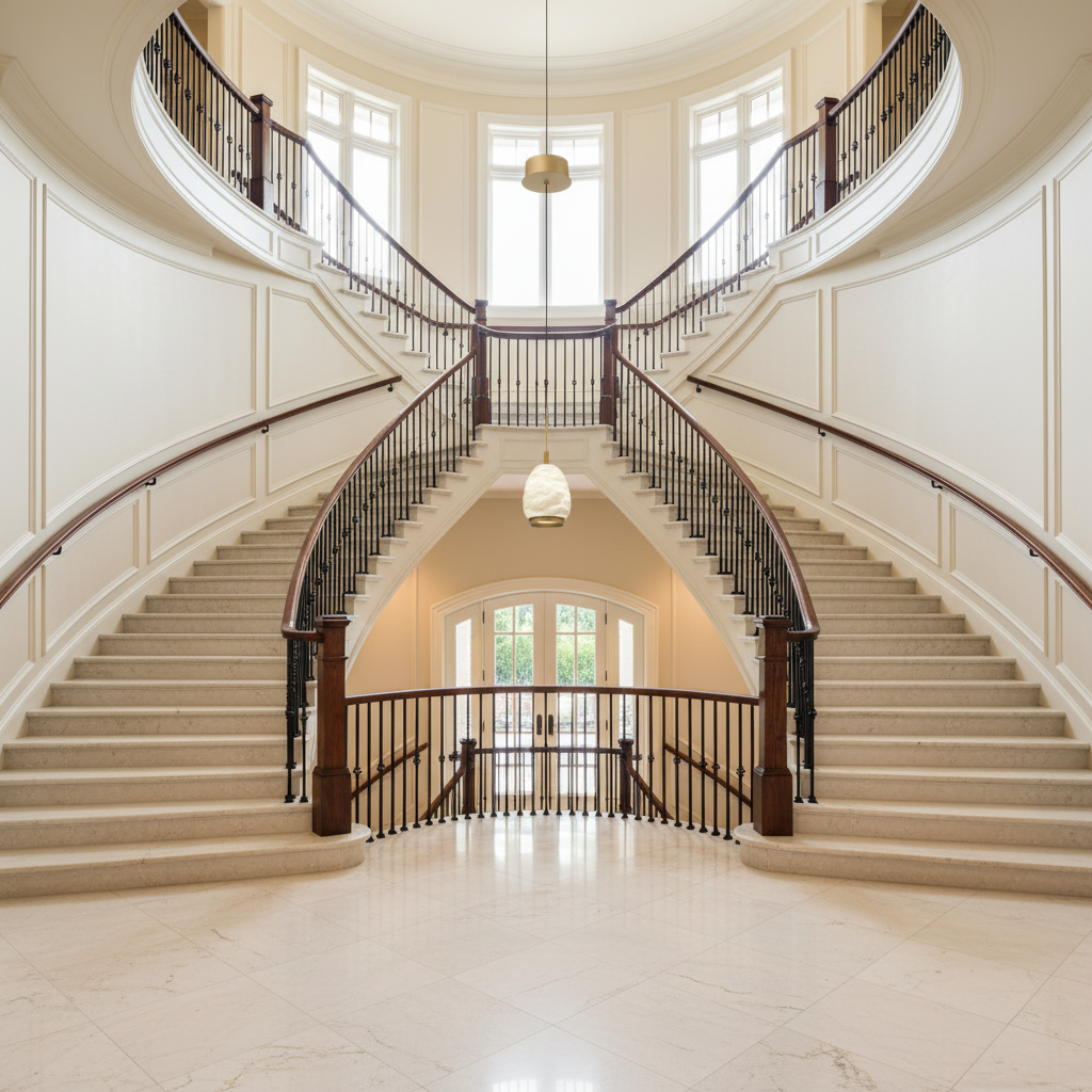 Riviko Alabaster Aura LED Pendant - dramatic American stairwell with soaring ceiling