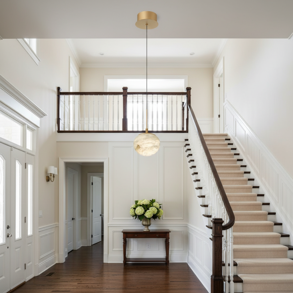 Riviko Alabaster Orb LED Pendant - elegant American entryway with arched doorway