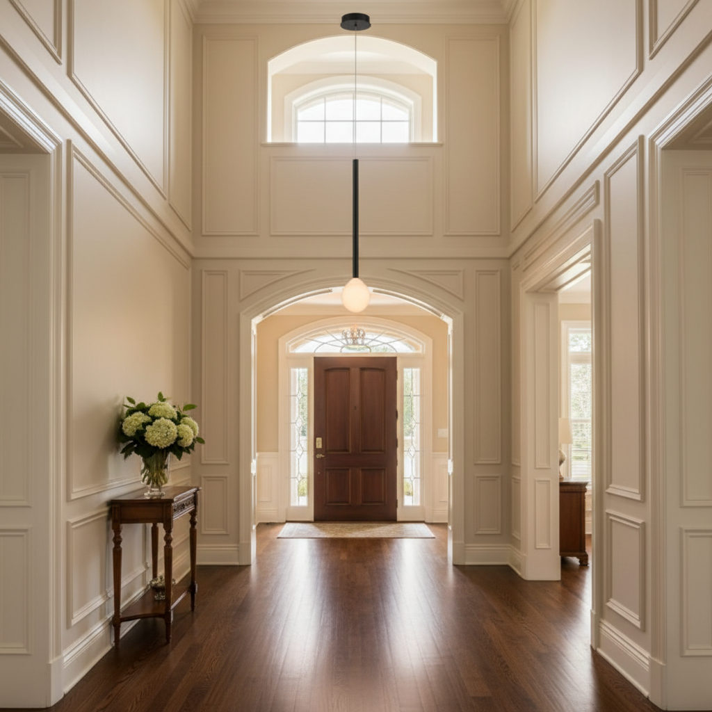 Riviko Aura Droplet LED Pendant - elegant American entryway with arched doorway