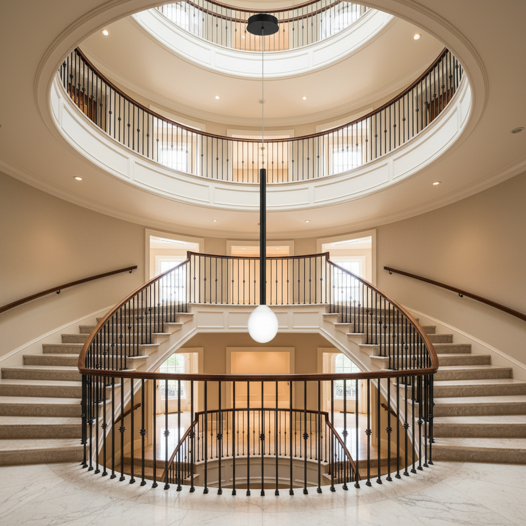 Riviko Aura Droplet LED Pendant - dramatic American stairwell with soaring ceiling