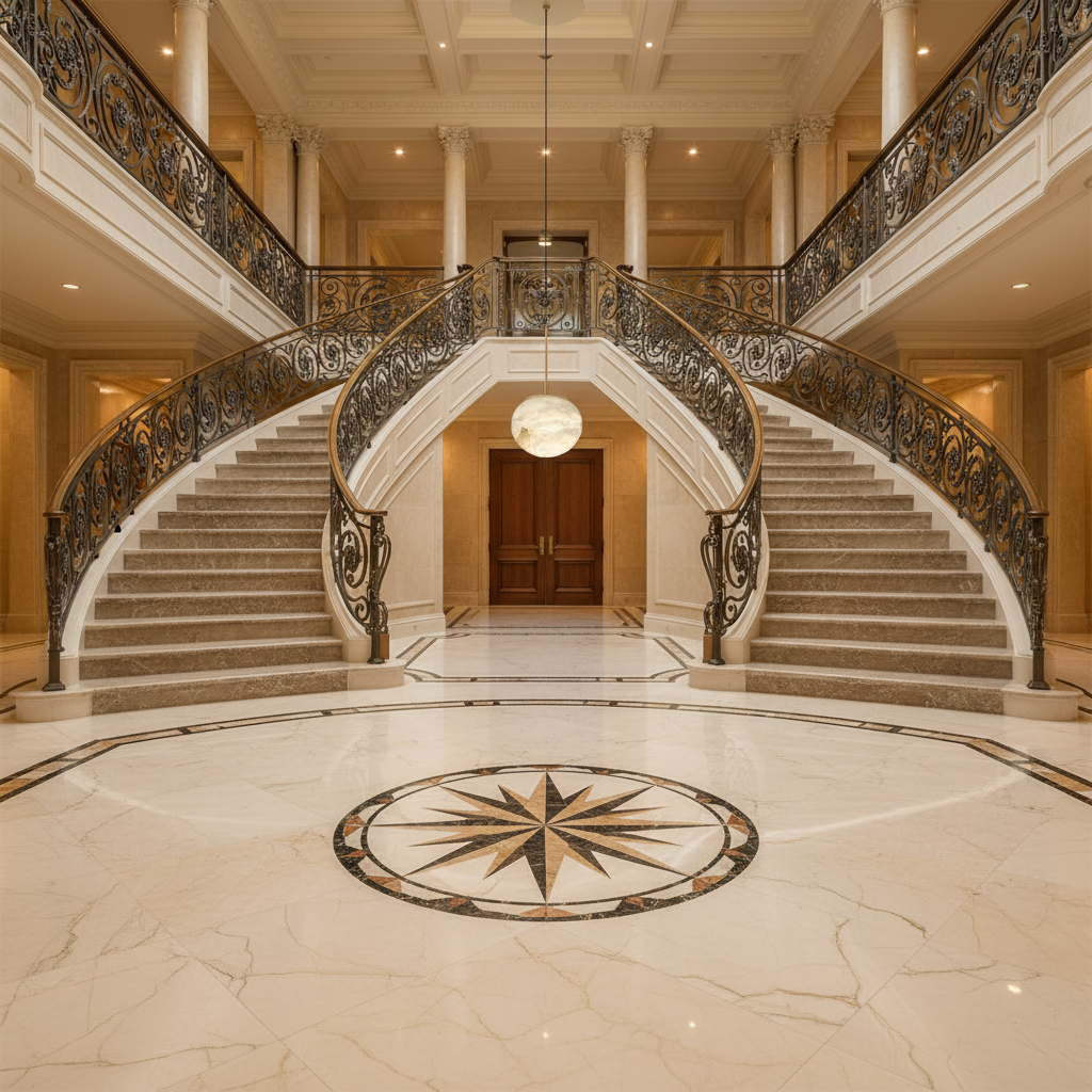 Riviko Alabaster Orb LED Pendant - grand American foyer with two-story ceiling