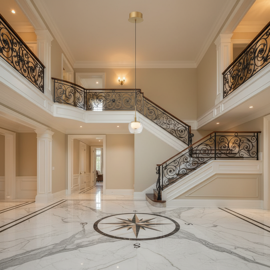 Riviko Luminous Orb LED Pendant - grand American foyer with two-story ceiling
