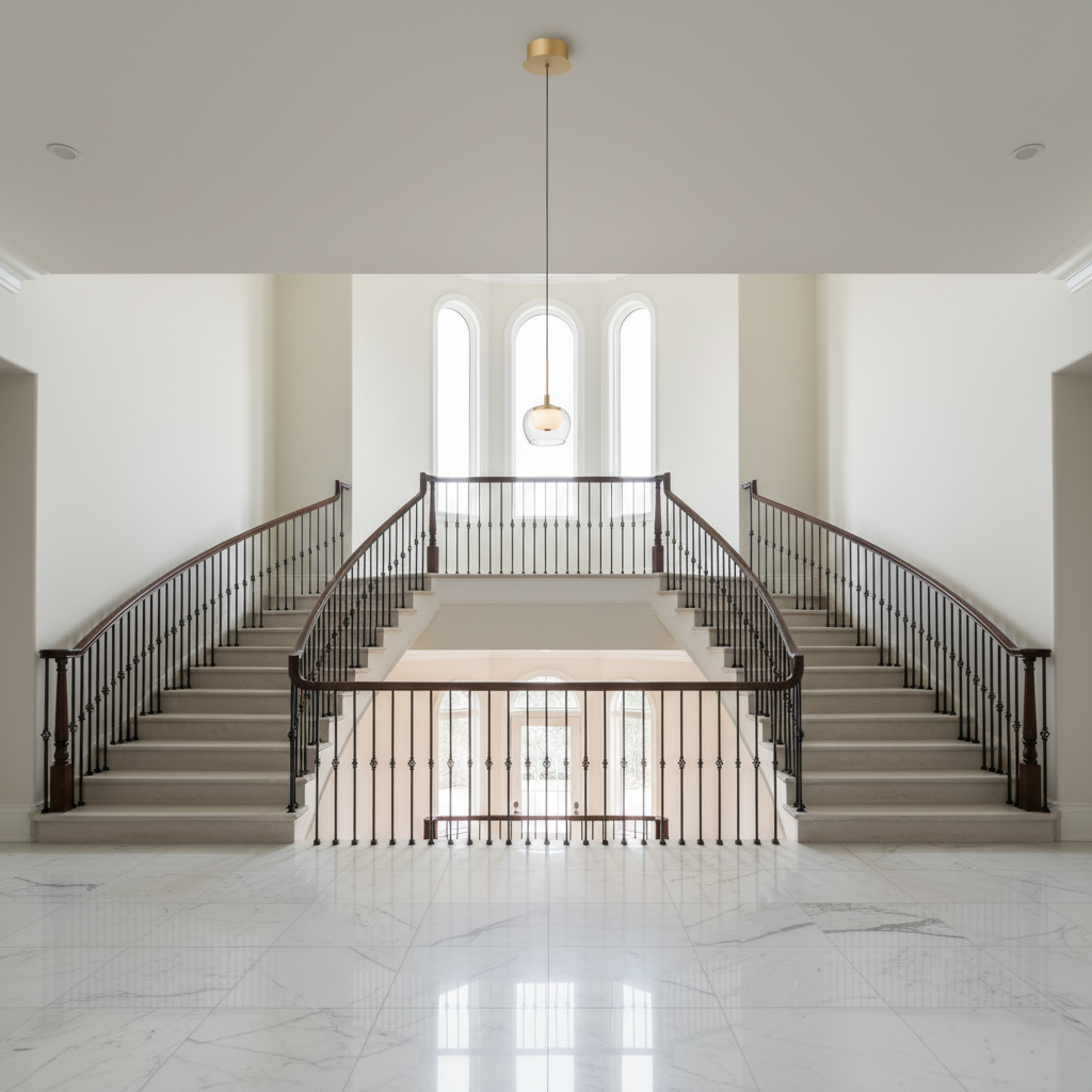 Riviko Luminous Orb LED Pendant - dramatic American stairwell with soaring ceiling