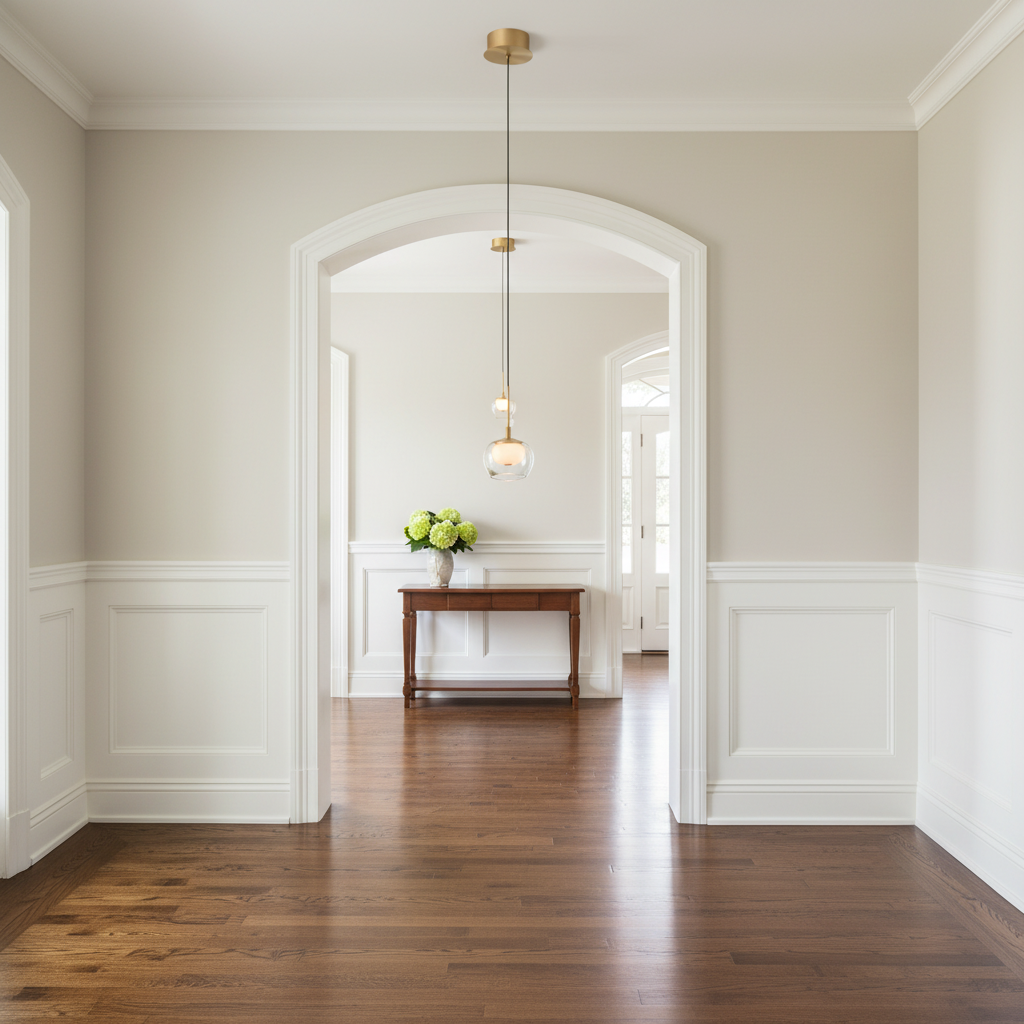 Riviko Luminous Orb LED Pendant - elegant American entryway with arched doorway