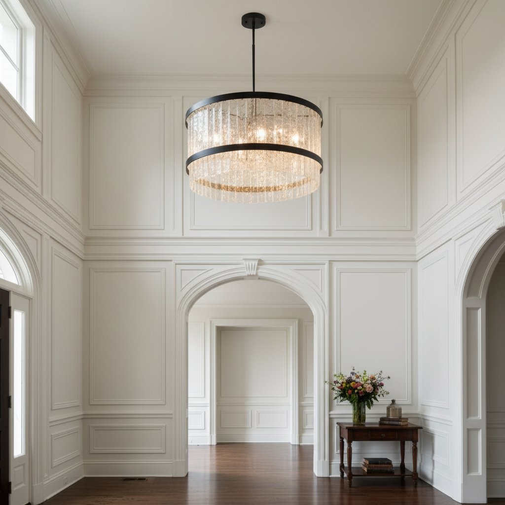 Riviko Artisan Glass Tiered Pendant Chandelier - elegant American entryway with arched doorway