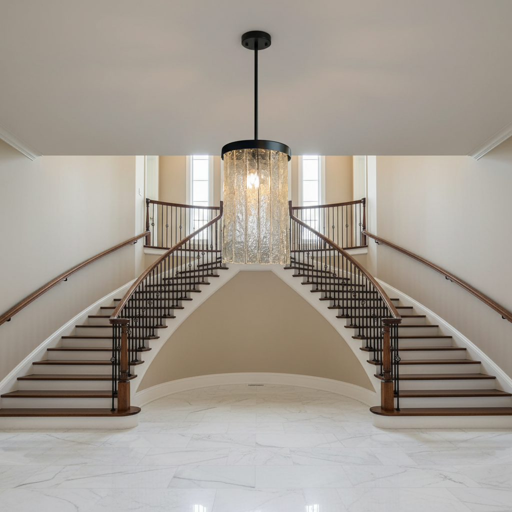 Riviko Artisan Glass Tiered Pendant Chandelier - dramatic American stairwell with soaring ceiling