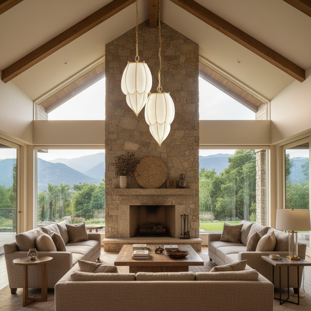 Riviko Veridian Bloom Glass Pendant - American transitional great room with cathedral ceiling