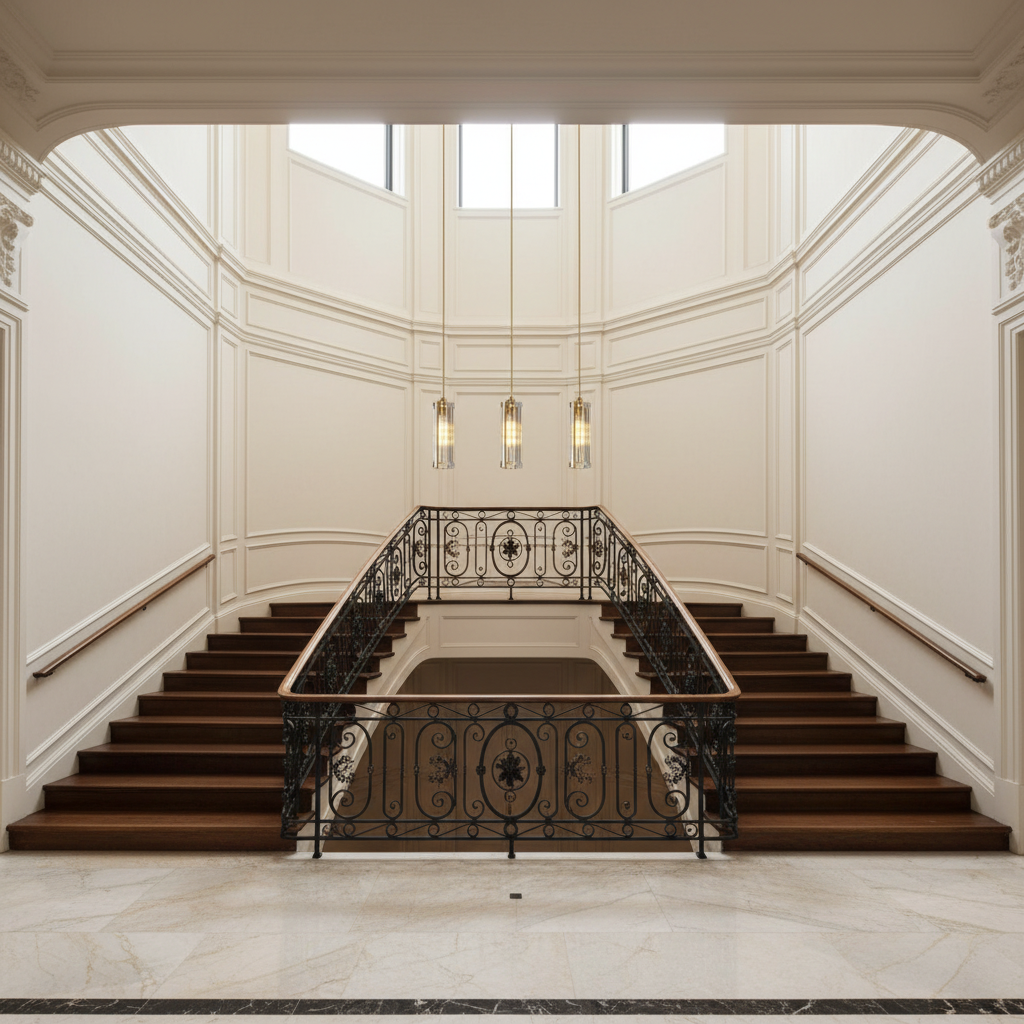 Riviko Gilded Prism Rectangular Pendant Light - dramatic American stairwell with soaring ceiling