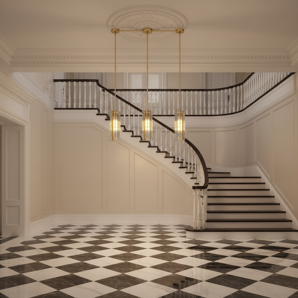 Riviko Gilded Prism Rectangular Pendant Light - grand American estate foyer
