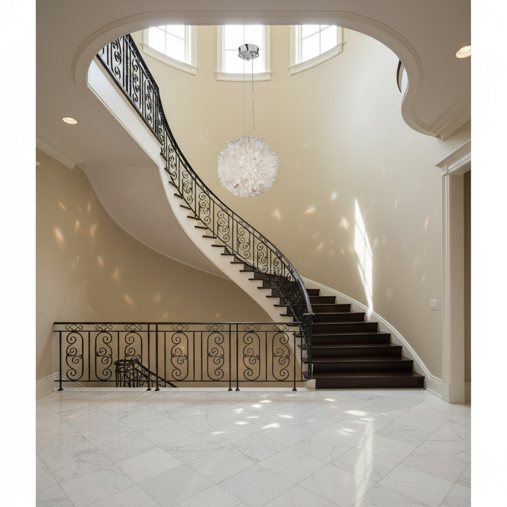 Riviko Rosalie Modern Clear Geode Quartz Crystal Ball Pendant Light - dramatic American stairwell with soaring ceiling